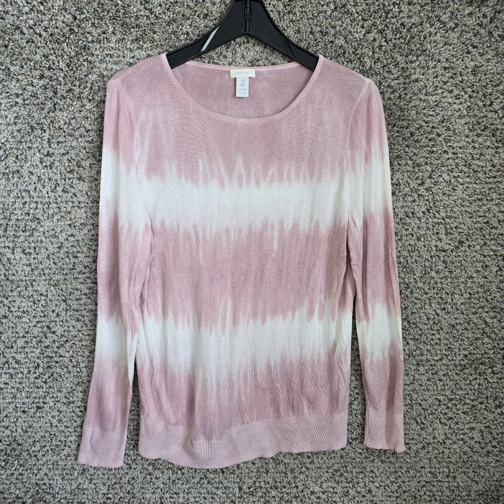 Chicos Top Womens 2 US Large Pink Knit Long Sleeve Scoop Neck Semi Sheer Ladies